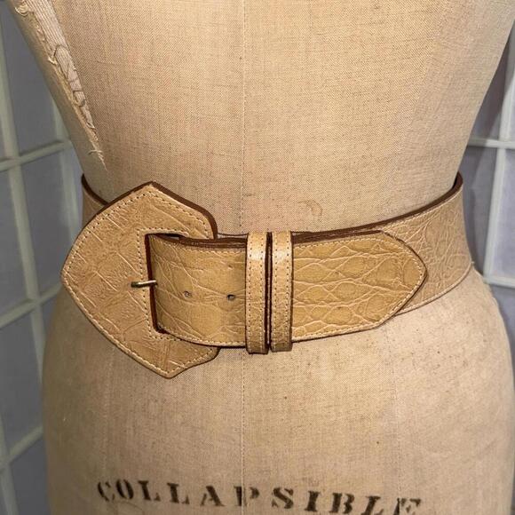 Vintage Sandy Duftler Y2K 90s Tan Leather Chunky Buckle Statement Belt 25-28” XS main image 12